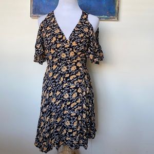 SOLD Black and Yellow Floral Cold Shoulder Wrap Dress